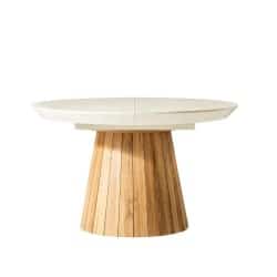 JAZZ | שולחן אוכל מעוצב עגול עם רגל עץ ייחודית ול��ק הורס רגל אלון / פלטה לבן