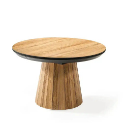 JAZZ | שולחן אוכל מעוצב עגול עם רגל עץ ייחודית ול��ק הורס רגל שחור / פלטה אלון
