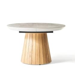 JAZZ | שולחן אוכל מעוצב עגול עם רגל עץ ייחודית ול��ק הורס רגל אלון / פלטה אפור