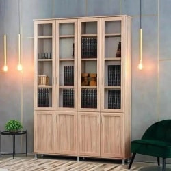 ארון ספרים מעוצב מסנדוויץ’ דגם רבקה עם 4 דלתות זכוכית ובמה 160 ס”מ – 4 דלתות